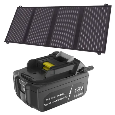 Productafbeelding van 18V 6000mAh accu met USB-C PD-aansluiting en laadfunctie, compatibel met Makita BL1840, BL1850, BL1840B, BL1850B, BL1860, BL1860B, BL1815, BL1845, LXT400, met 40W zonnepaneel
