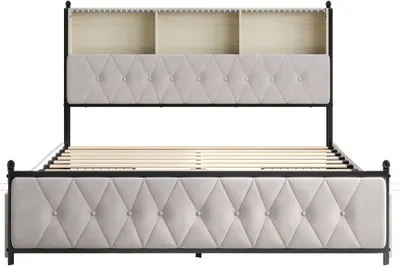 Produktbild von Fortuna Lai Polsterbett mit USB-Typ-C und Lattenrost, Doppelbett 160x200cm Stauraumbett mit 4 Schubladen, Massivholzbett Funktionsbett mit Led, Jugendbett Ehebett Samt, Beige