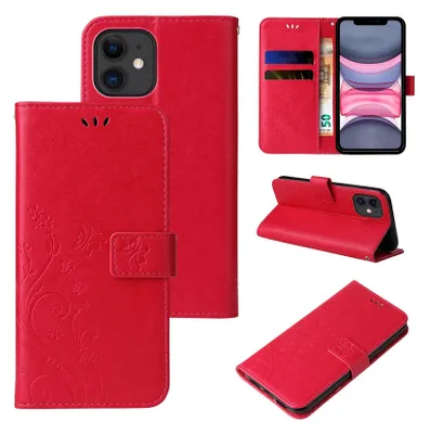 A collage of images showing a red flip phone case with a floral design for an Apple iPhone 11.
