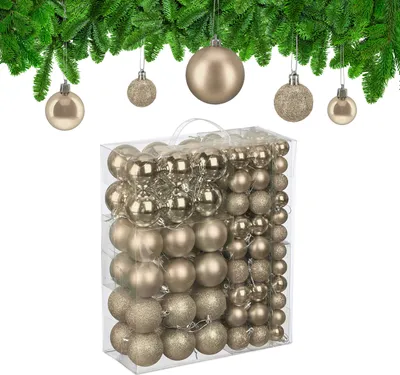 Productafbeelding van Relaxdays kerstballen set, 138 stuks, kunststof, glanzende, matte en glinsterende kerstballen, kerstversiering, champagnekleur