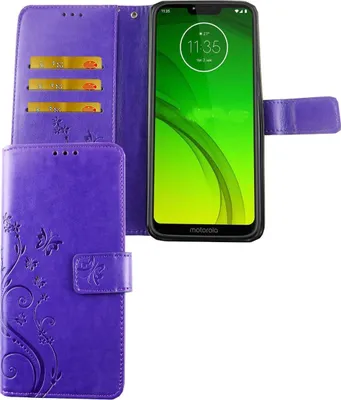 Image de Étui de protection pour téléphone Motorola Moto G7, type pochette avec rabat, couleur violet, avec emplacement pour cartes