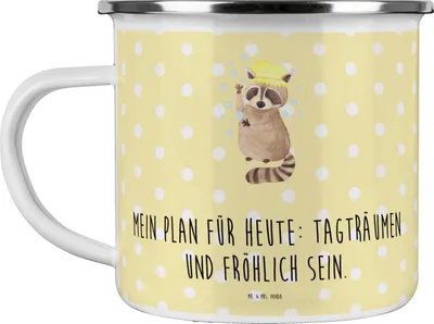 Produktbild von Mr. & Mrs. Panda Emaille Tasse Waschbär - Gelb Pastell - Geschenk, Tagträumen, Haferl, Teetasse, becher, Lustige Sprüche, Waschen, Fröhlich, Plan, wanderbecher