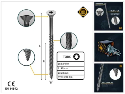 Immagine prodotto di 200x viti universali per legno 5,0x40/24mm T25 Torx per pannelli truciolari zincate