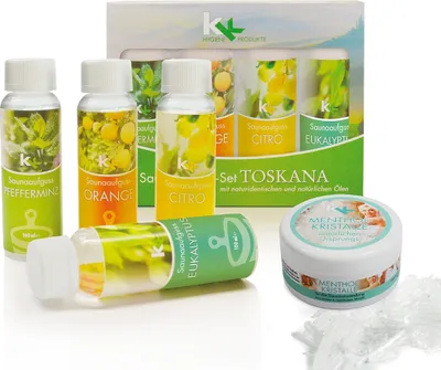 Produktbild von KK Saunaaufguss Set Toskana | 4 x 100 ml/Flasche inkl.Mentholkristalle 50 g Dose