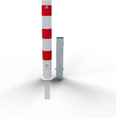 Produktbild von Schake Absperrpfosten herausnehmbar aus Stahlrohr verzinkt Ø108x2,9mm weiß mit rot reflektierenden Leuchtstreifen, Dreikantverschluss und Stahlkappe 900mm Überflur