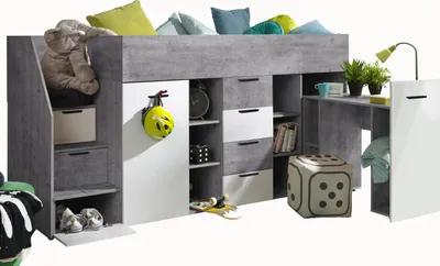 Produktbild von Etagenbett für Kinder KONKRET 3 Stockbett mit Treppe, Kleiderschrank und Schreibtisch (Beton + Weiß, Seite: Links)