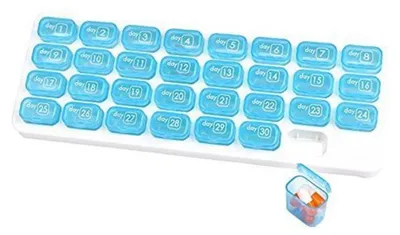Obrázek produktu pro Měsíční dávkovač léků na 31 dní | Úložná krabička | Přenosné přihrádky pro cestování, vitamíny, rybí olej | 28 cm x 10 cm