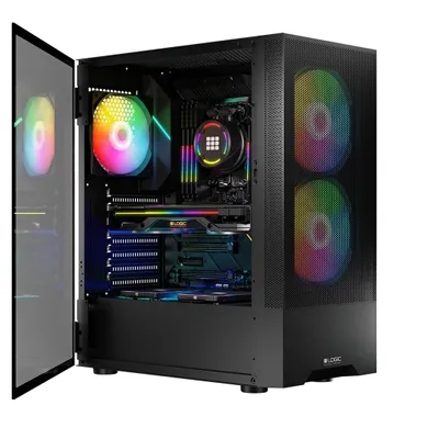 A black computer case with internal components illuminated by RGB lighting.