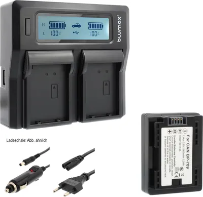 Produktbild von 1x Akku + Lader für Canon BP-709 900 mAh (3,6V)