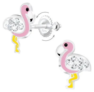 Produktbild von Flamingo Ohrstecker mit Schraubverschluss: 925 Silber Ohrringe für Kinder