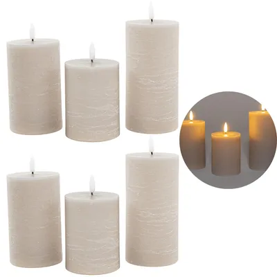 Produktbild von 6er Set Led Kerzen 7,5cm ø Kerze flackernde Flamme mit Fernbedingung GRAU TAUPE 15 cm + 12,5 cm + 10 cm Höhe, LED Kerzen mit Timerfunktion, 3 AAA Batterien nötig, LED Echtwachs Stumpenkerzen warmweiß