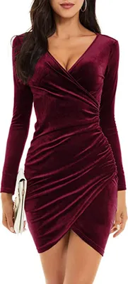 Produktbild von ASKSA Damen Kleid Langarm Festlich V-Ausschnitt Elegant Abendkleid Kurz Weihnachtskleid Partykleid Samtkleid, Rotwein, M