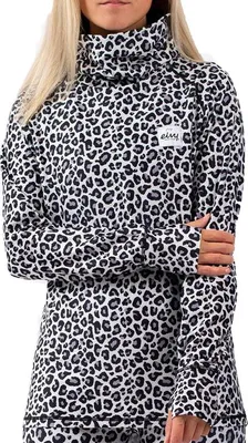 A woman wearing a leopard print long-sleeved shirt with a high neck.