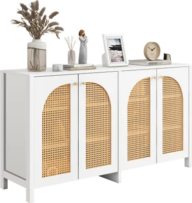 Immagine prodotto di Credenza AIORBER con 4 ante in rattan, ampio spazio di archiviazione, frontali in rattan, moderna e pratica, per soggiorno o cucina - Bianco