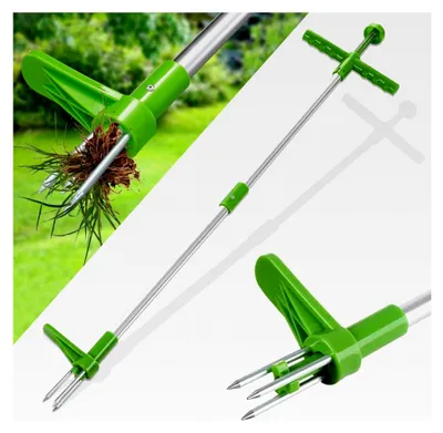 Produktbild von Unkrautstecher, Unkrautentferner mit 100 cm Länge, Gartenkralle mit 3 Zinken und Kunststoff-Pedalen, Gartengerät mit Stiel für effektives Entfernen von Unkraut