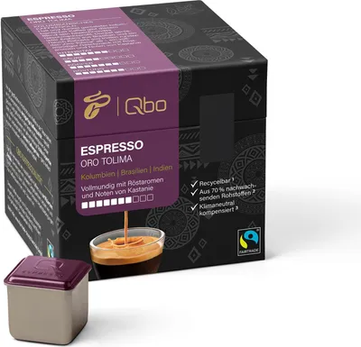 Produktbild von Tchibo Qbo Espresso Oro Tolima Premium Kaffeekapseln, 27 Stück (Espresso, Intensität 7/10, vollmundig mit Röstaromen), nachhaltig, aus 70% nachwachsenden Rohstoffen & klimaneutral kompensiert
