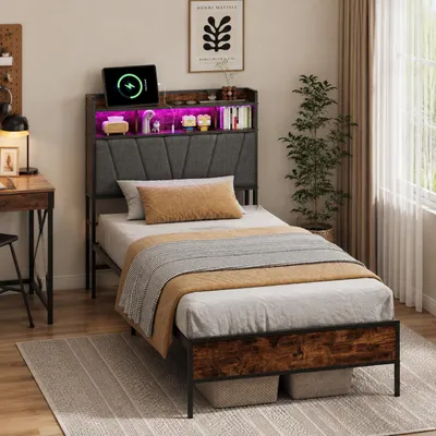 Produktbild von INONEFT Metallbett 90x200 cm mit Kopfteil Stauraum, Polsterbett mit LED Beleuchtung und USB Ladefunktion, Bettgestell mit Lattenrost, Leinen, Grau, KI-generiertes Bild
