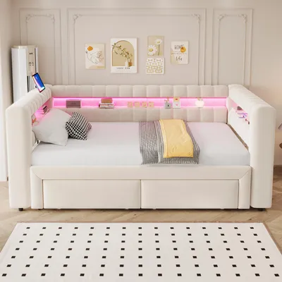 Produktbild von okwish Polsterbett 90/180×190 mit einer Matratze und Ausziehbett,Tagesbett mit Schubladen und LED,Kinderbett USB und Typ-C,Beige