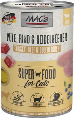 Produktbild von MAC's CAT PUTE & HEIDELBEEREN, Adult, jede Rasse, Truthahn, 400 g, Getreidefrei