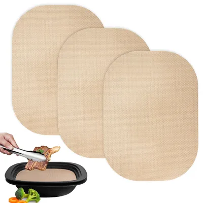 Produktbild von Set mit 3 wiederverwendbaren Backblechen für Thermomix TM7 Varoma, Antihaftbeschichtung, hitzebeständig bis 250°C, geeignet für Heißluftfritteusen und Gasöfen.