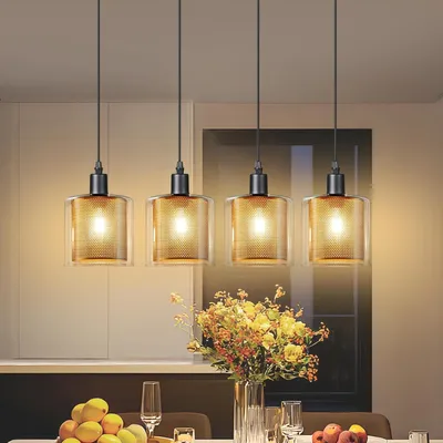 Image de Suspension ZMH, lampe pour table à manger, abat-jour en verre, 4 bras, lampe pour table à manger, douille E14, finition dorée, lampe pour salle à manger, hauteur réglable, suspension pour salon, idéale pour salle à manger et cuisine