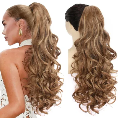 Produktbild von Haarteil Pferdeschwanz mit Klammer 66cm Voluminös Gewellt Hellbraun mit Blond Highlights