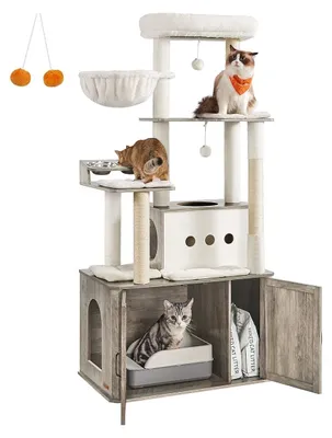 Image de Kratzbaum de 170 cm avec meuble pour litière pour chats – Sisal – gris/marron