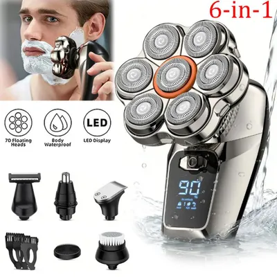Immagine prodotto di Rasoio elettrico da barba - 6 funzioni in 1 - 7 lame fluttuanti - Impermeabile - Ricaricabile tramite USB-C - Display LED - Per uomo