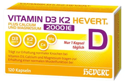 Obrázek produktu pro Vitamin D3 K2 Hevert plus vápník a hořčík 2000 IU, 120 kapslí