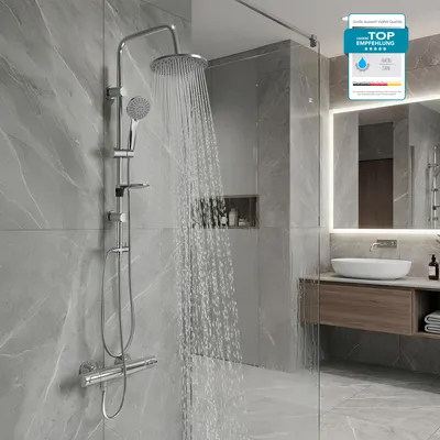 Produktbild von GROHE Duscharmatur Precision Flow, Duschsystem mit BELVIT Regendusche, Duschstange, Handbrause & Seifenhalter, 3 Strahlarten mit Sicherheitssperre