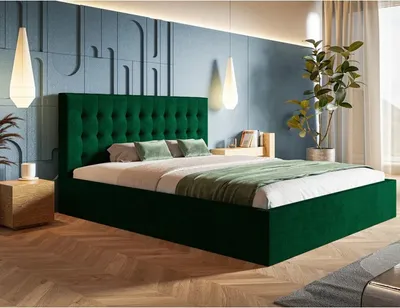 Produktbild von Polsterbett SIM 2 mit Kopfteil, 180x200 cm, Doppelbett mit Bettkasten und Lattenrost aus Holz, Velourstoff, Farbe: Grün