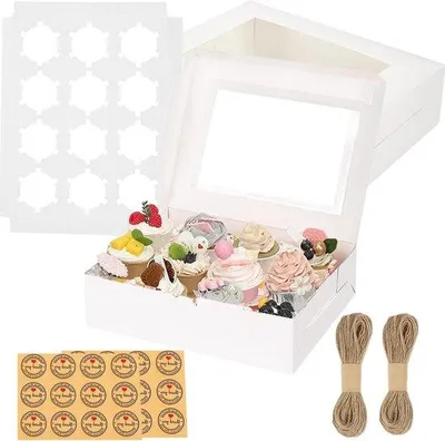 Produktbild von Geschenkbox für Muffins mit Glas und Einlegesatz - weiß - Torte-Dutzend - Muffin-Box - Transportbox - Keksdutzend mit Jute - Cupcake-Box