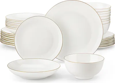 Image de MALACASA Service combiné à rayures dorées (16 pièces), Service de table en porcelaine à l'os, Set de vaisselle pour 4 personnes