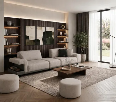 Productafbeelding van Moderne woonkamer set met een driezitter en twee praktische voetenbankjes