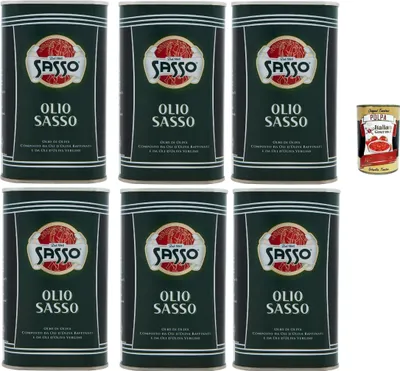 Produktbild von Sasso Olio di Oliva – Italienisches Olivenöl aus raffinierten und verginen Olivenölen – mild ausgewogen, ideal Kochen Braten Frittieren & für Dressings – Metallkanne – 6x 500ml + Italian Gourmet polpa
