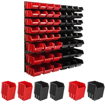 A wall-mounted storage system with red and black bins, along with stacks of individual bins below.