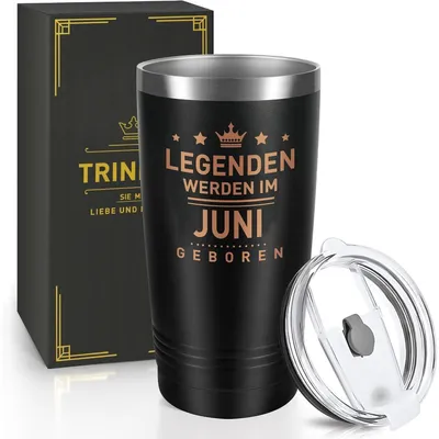 Productafbeelding van Thermobeker 600 ml, roestvrij staal, zwart. Legende. Juni. Verjaardagscadeau voor mannen