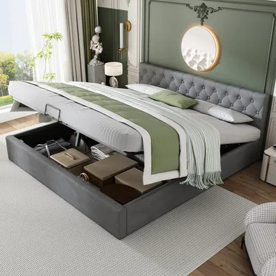 Produktbild von Flieks Čalúnená posteľ 180x200 cm, úložná posteľ Boxspring s úložným priestorom a lamelovým rámom, zamatová manželská posteľ Drevená funkčná posteľ, sivá
