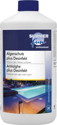 A bottle of pool cleaning product with an image of a pool at night.