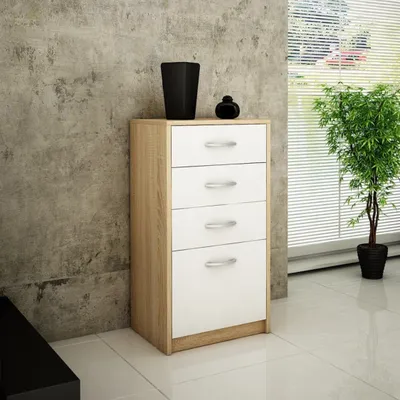 Produktbild von Kommode mit 4 Schubladen mit matter Oberfläche, Kommode 45cm breit Holz Schrank Kommode mit Schubladen Sideboard Highboard sonoma weiß