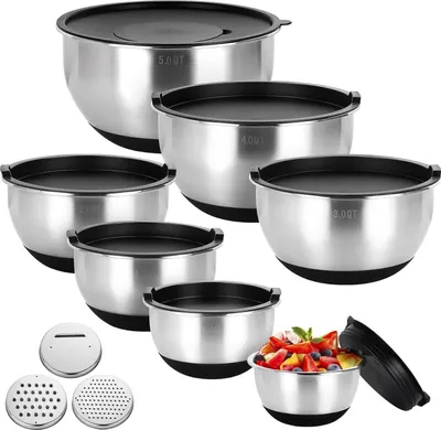 Produktbild von Edelstahl Schüssel Set mit Deckel und Reibenaufsätzen, 7-teilig