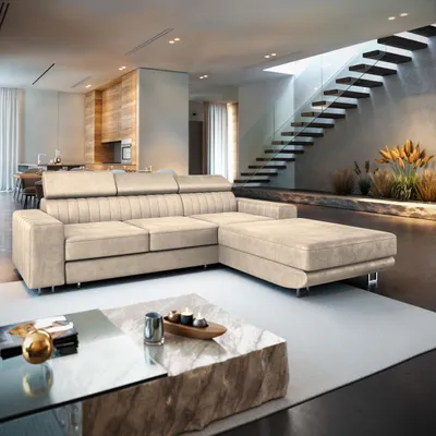 Zdjęcie produktu dla Masseno Narożnik NOTO R-S z funkcją spania i pojemnikiem na pościel Kształt L, Rozkładana sofa, Rogówka - Kremowy, MONOLITH 04