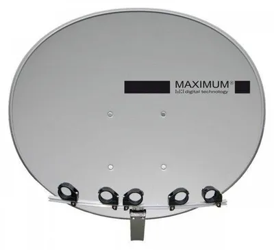 A satellite dish is shown against a light gray background.