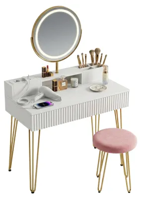 Make-up-Tisch mit Hocker, Spiegel, Licht, 2 Schubladen, Weiß/Gold