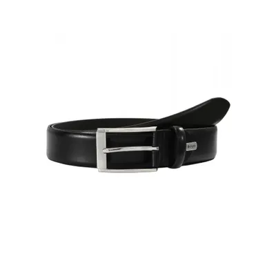 A black leather belt with a silver buckle is displayed against a white background.