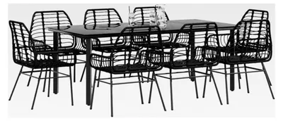 Produktbild von 9-teiliges Garten-Esszimmer-Set aus schwarzem Polyrattan mit Glas, für den Außenbereich