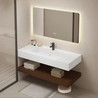 Immagine prodotto di Lavabo in pietra sinterizzata Lavabo moderno da bagno Lavabo sospeso con specchio LED, ripiano 120*55 cm 【C025】