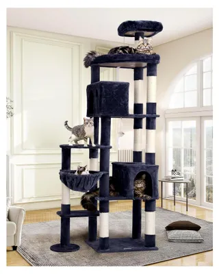 Produktbild von XXL Kratzbaum für große Katzen, 213 cm hoch mit 2 Katzenhäusern, 55 x 45 cm Plattform, Sitzstangen, Korb, stabiler Katzenturm für 3-5 erwachsene Katzen, dunkelgrau