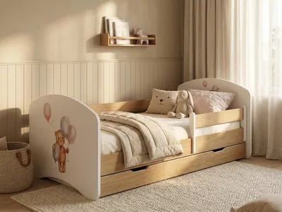 Produktbild von Kinderbett "Happy" 140x70 cm mit Schublade & Rausfallschutz | Juniorbett Holzoptik Birne | Stabiles Kleinkindbett, Teddybär