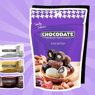 Produktbild von Chocodate Assorted – Datteln mit Milch-, Dunkel- & Weißschokolade & Mandeln (90 g) + Heartforcards Versandschutz